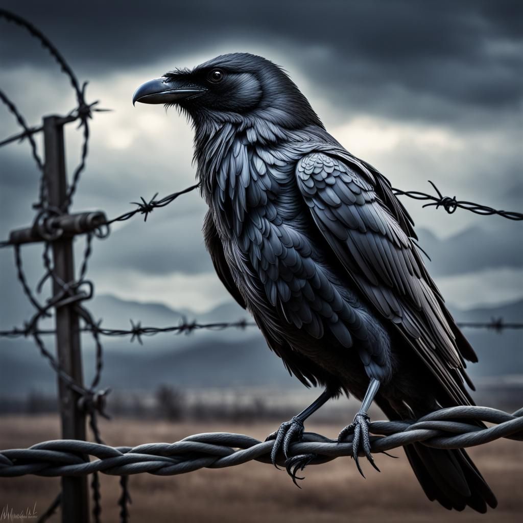 Hyperrealistic Barbed Wire Raven in Fantasy Style