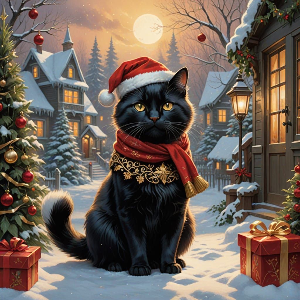Whimsical Feline Santa in Hyperdetailed Fantasy Scene