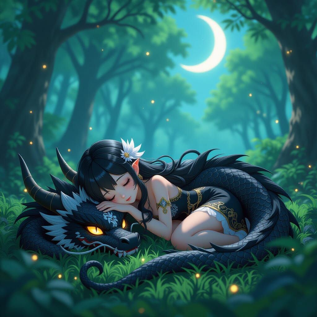 Girl Sleeping With Dragon in Lush Forest