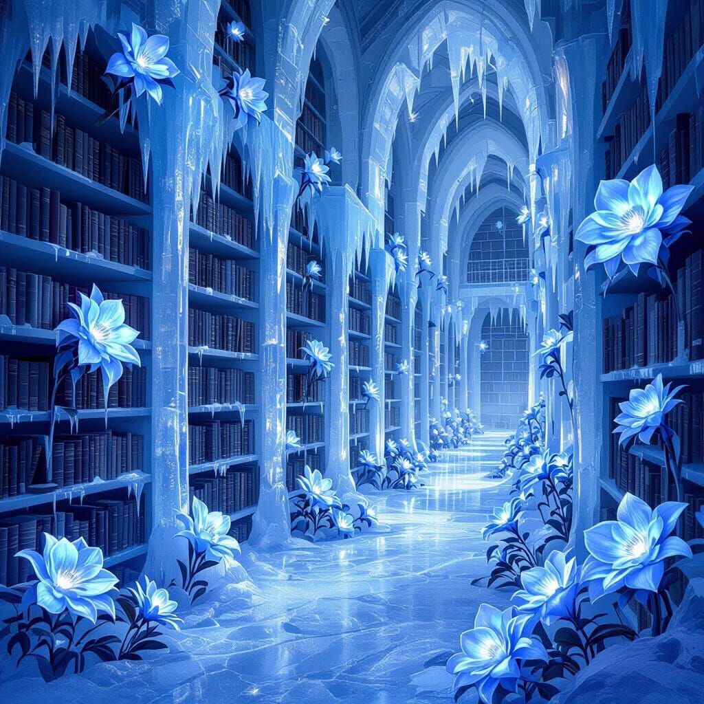 Enchanting Ice Library with Bioluminescent Blue Flowers