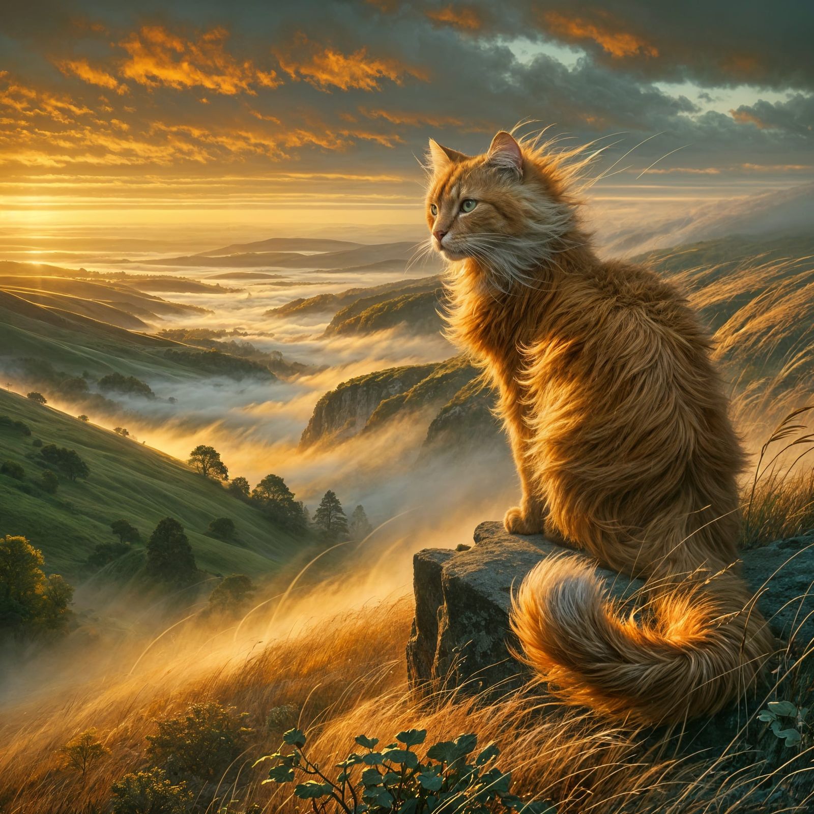 Regal Ginger Cat Overlooks Misty Valley as Oil Painting