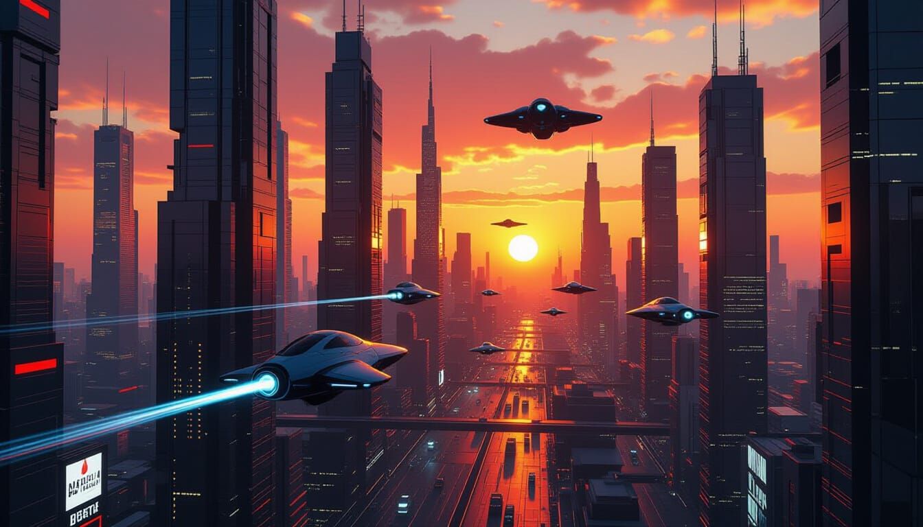 Futuristic City in Red Sunset Glow: Cyberpunk Style
