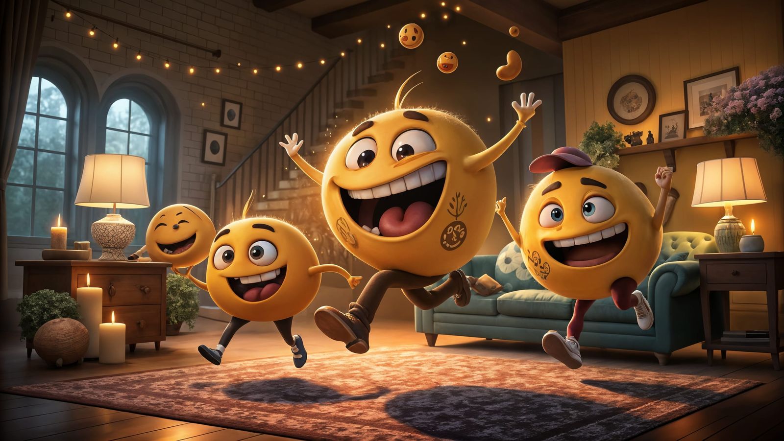 Whimsical Friends in a Cozy Pixar-Inspired Living Room