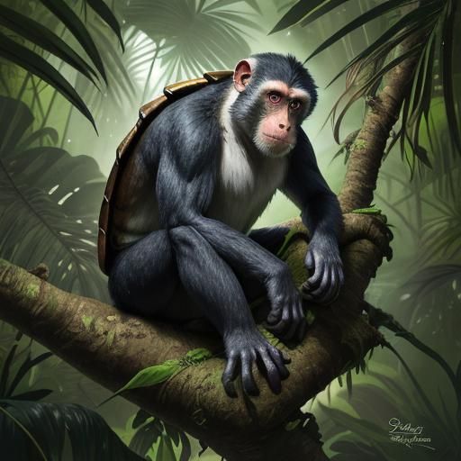 Monkey Turtle Hybrid in Exotic Jungle Setting