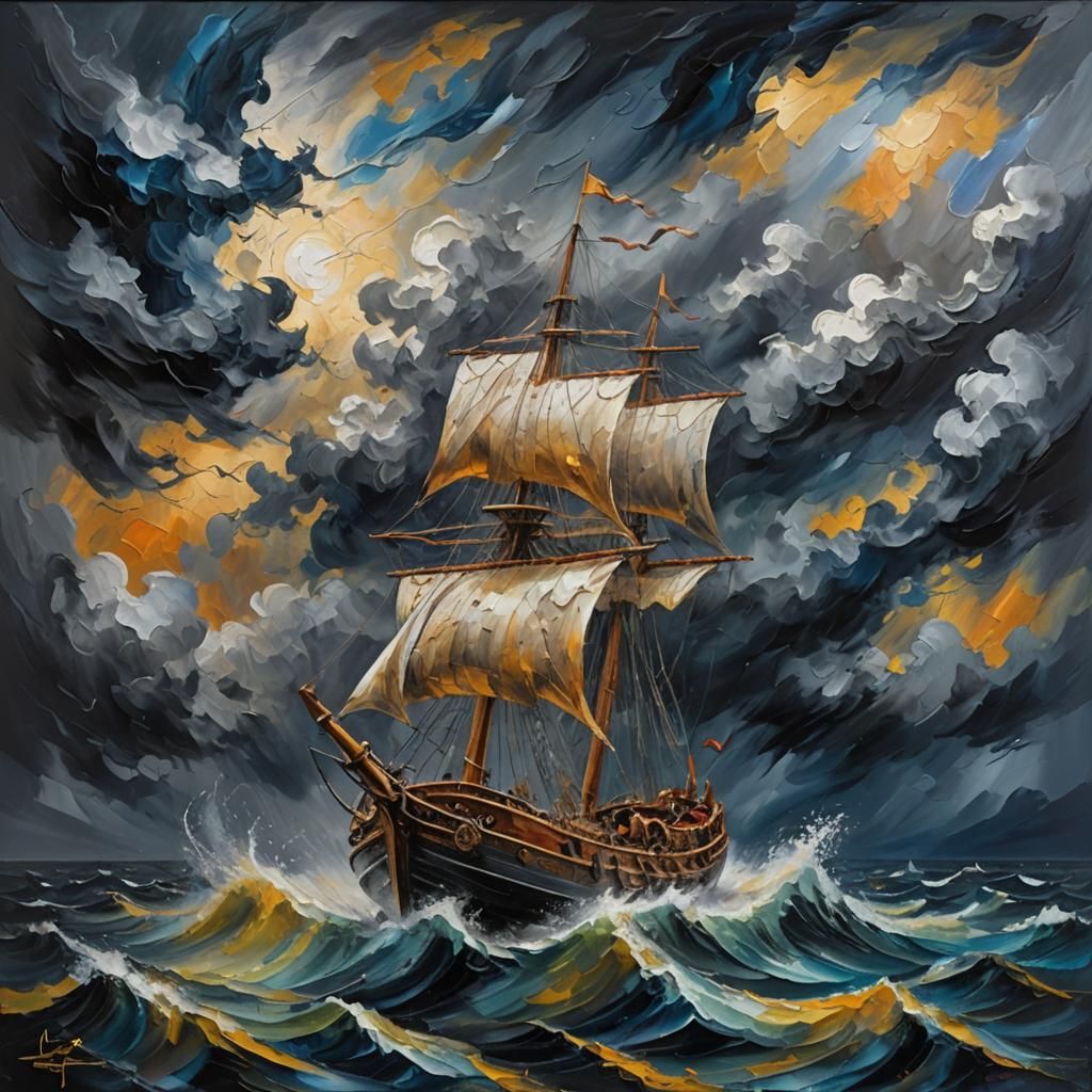 Viking Scott Sails Through Storm: Neo-Expressionist Oil Pain...