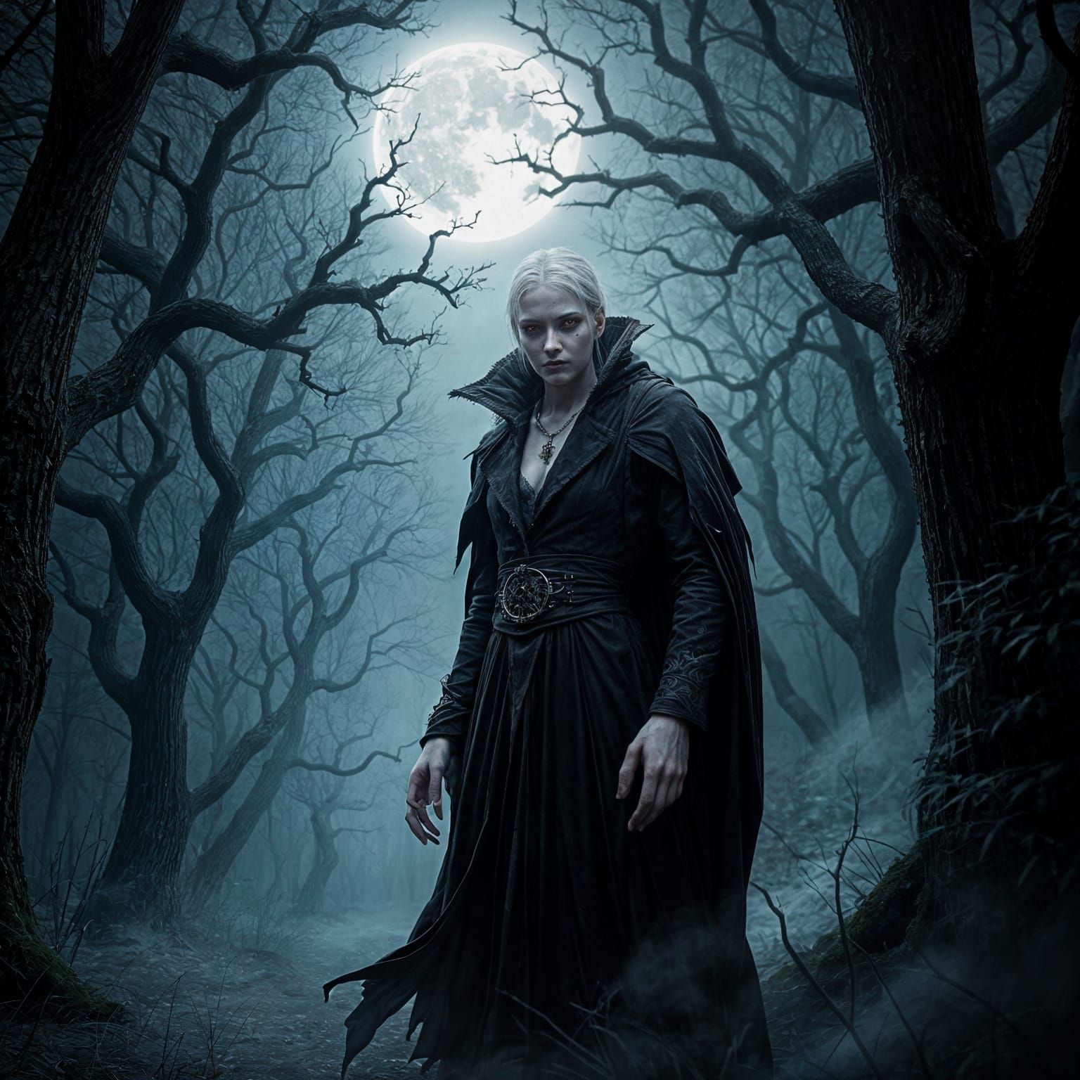 Gothic Vampire Emerges from Dark, Misty Forest