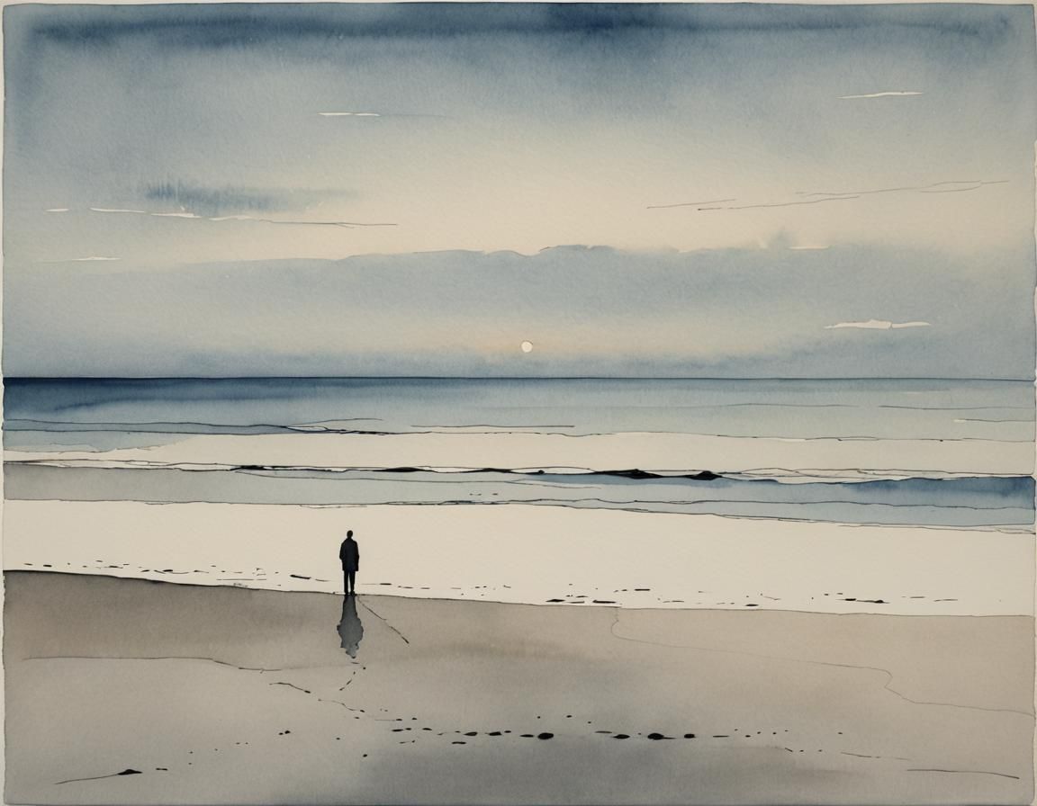 Solitary Figure on Beach at Dusk in Neurographic Watercolor