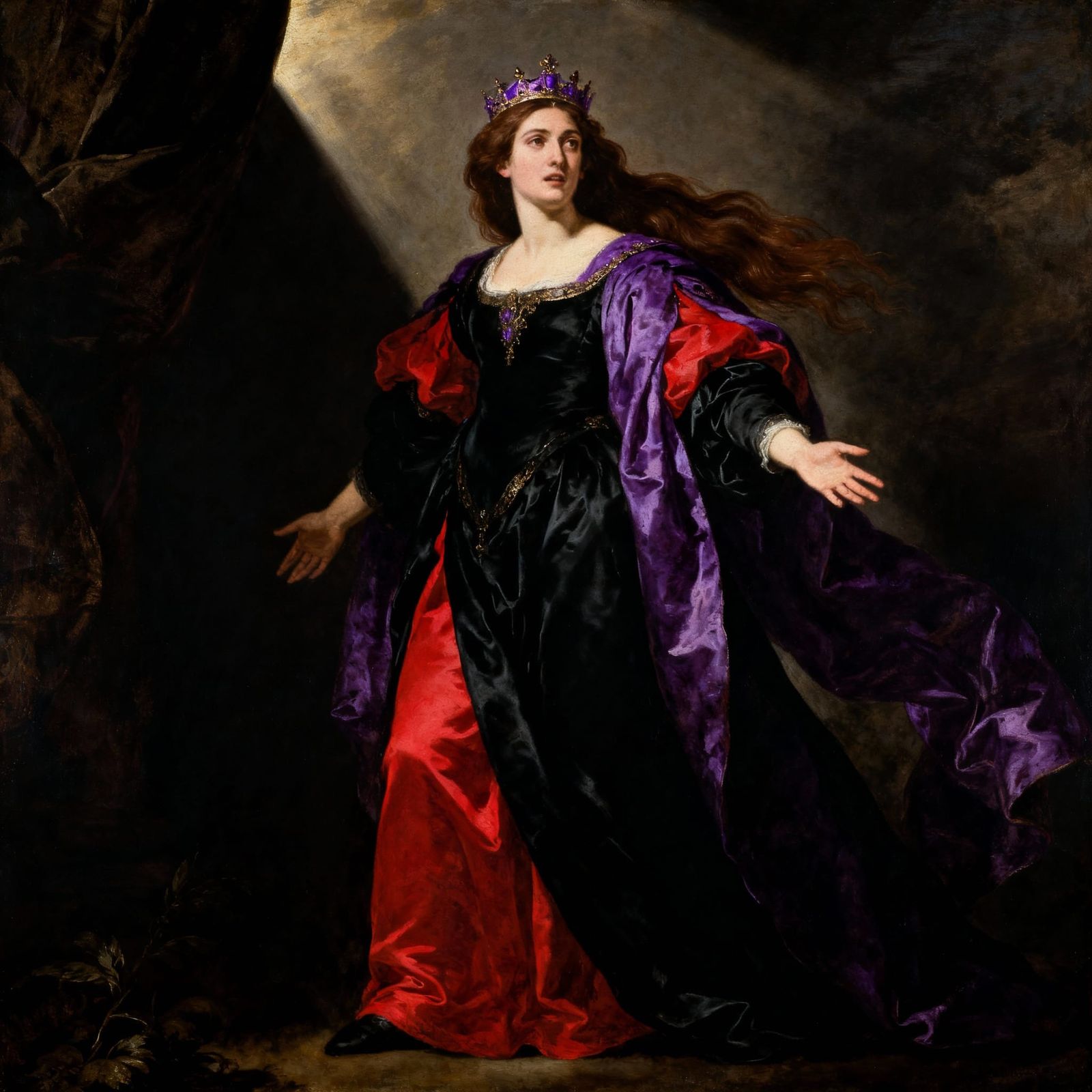 Amethyst Queen in Regal Black, Red, and Purple Attire