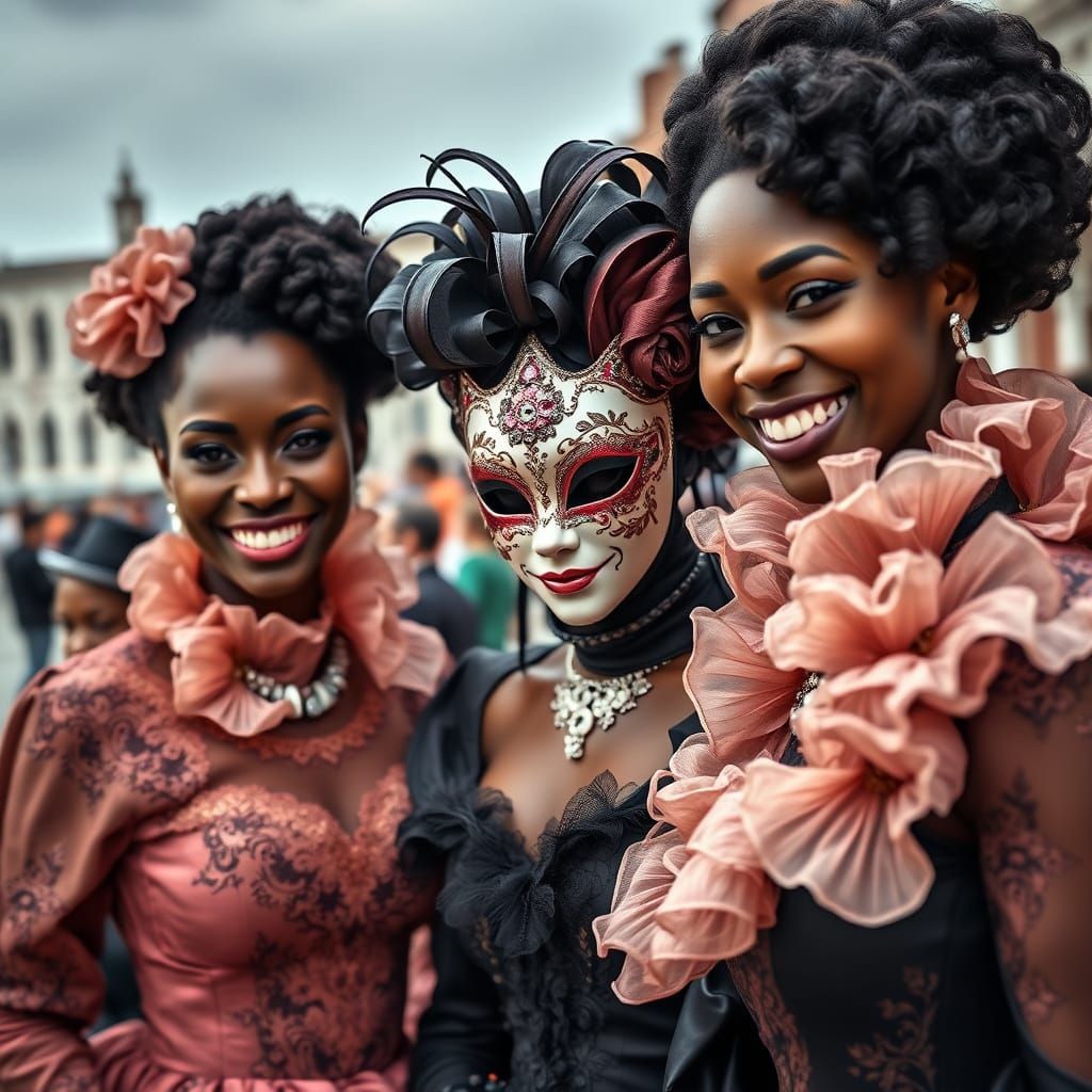 Venetian Carnival: Three Smiling Women in Masks