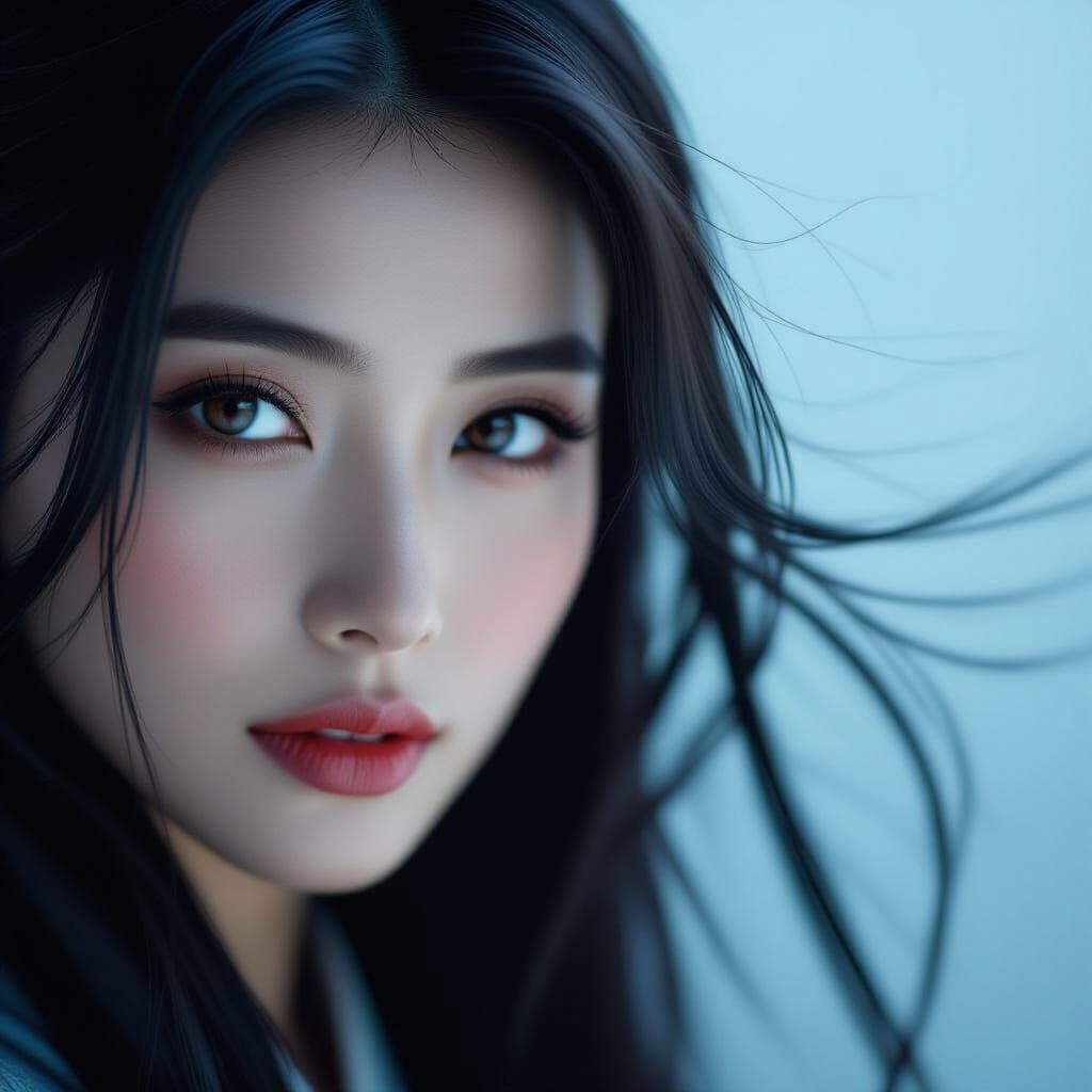 Elegant Chinese Woman Portrait in Grayscale with Blue Tint