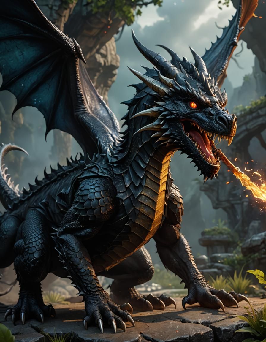 Young Black Dragon's Breath Weapon: Detailed Matte Painting