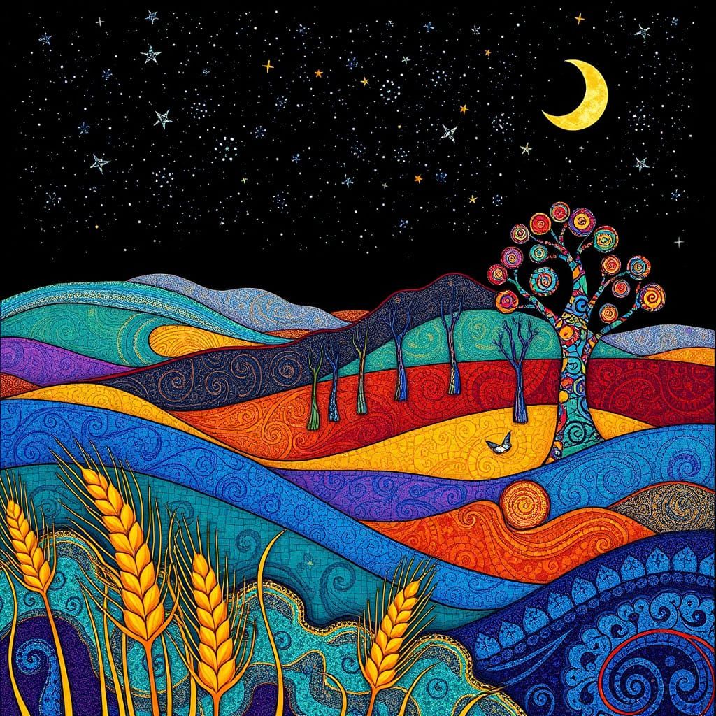 Intricately Detailed, Folk-Art-Inspired Psychedelic Landscap...