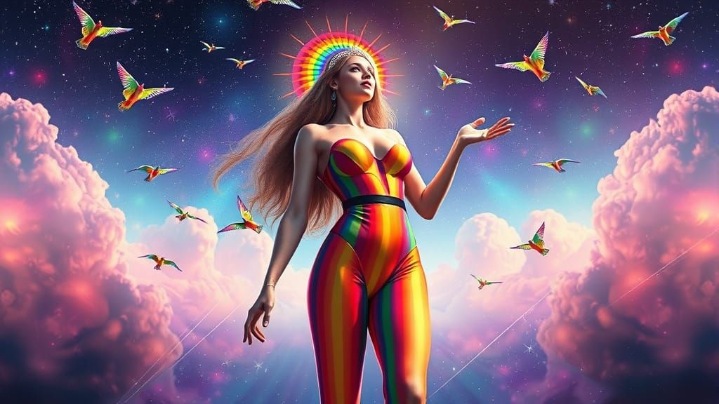 Vibrant Astral Queen Surrounded by Rainbow Birds in Cosmic I...