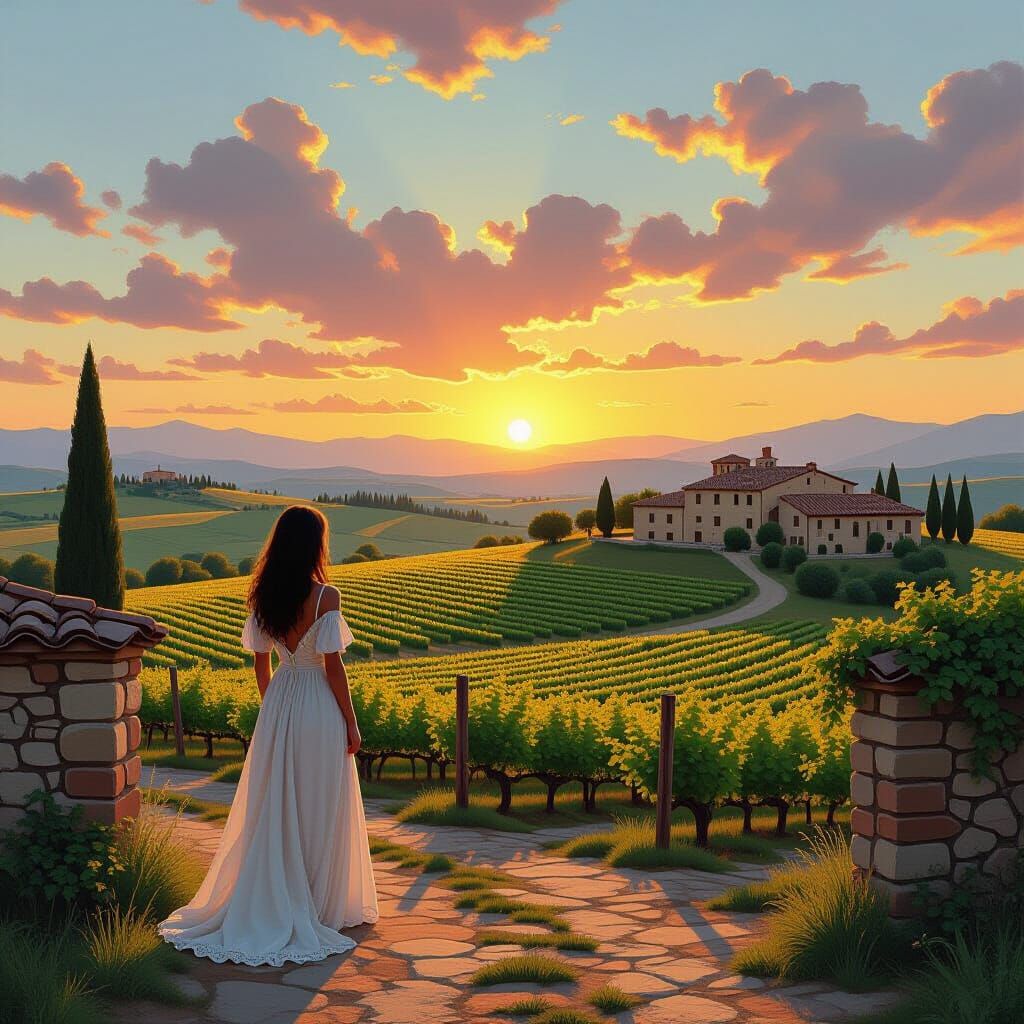 Tuscan Sunset: Tranquil Woman in Rolling Hills