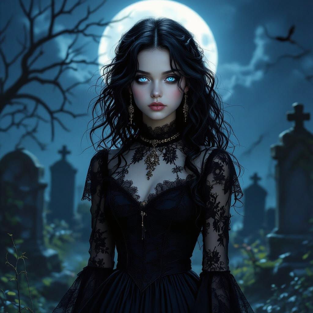 Gothic Girl in Black Lace Dress in Moonlit Graveyard