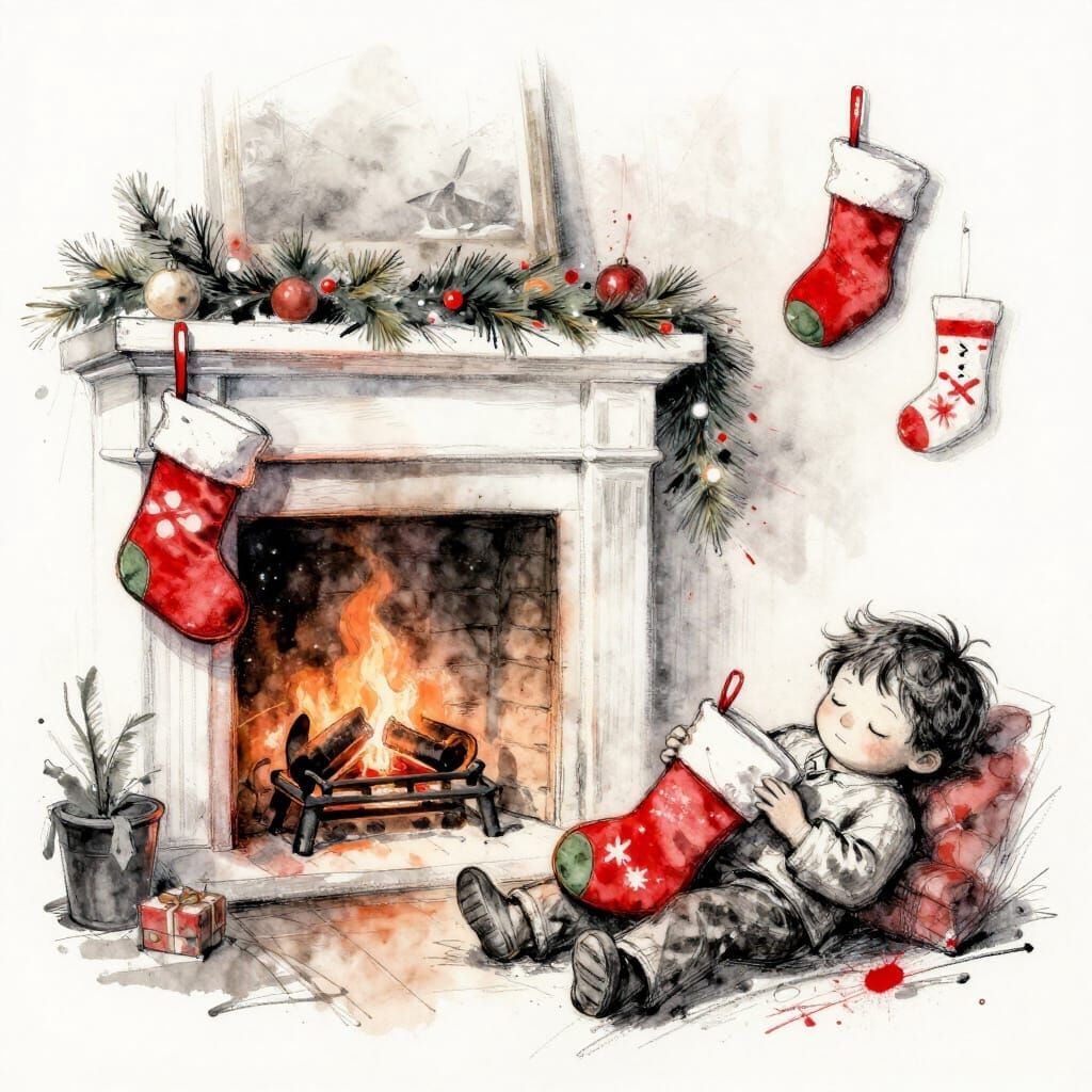 Sleeping Child by Fireplace in Expressive Watercolour Style
