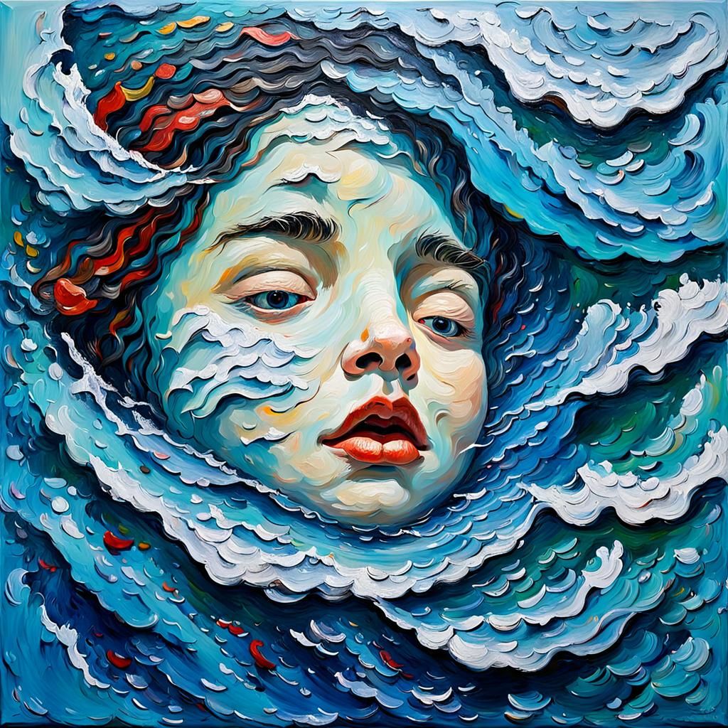 Child with Waves: Tactile Impasto Oil Painting