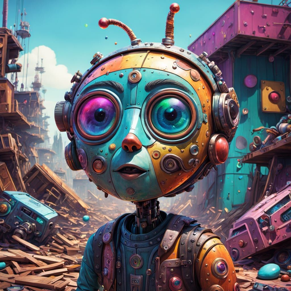 Wooden Android Boy in Scrapyard: Candy Art Style