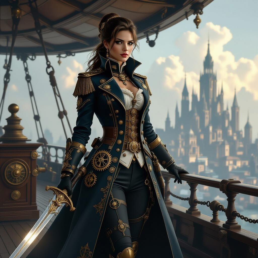 Steampunk Admiral on Airship Deck with Sword