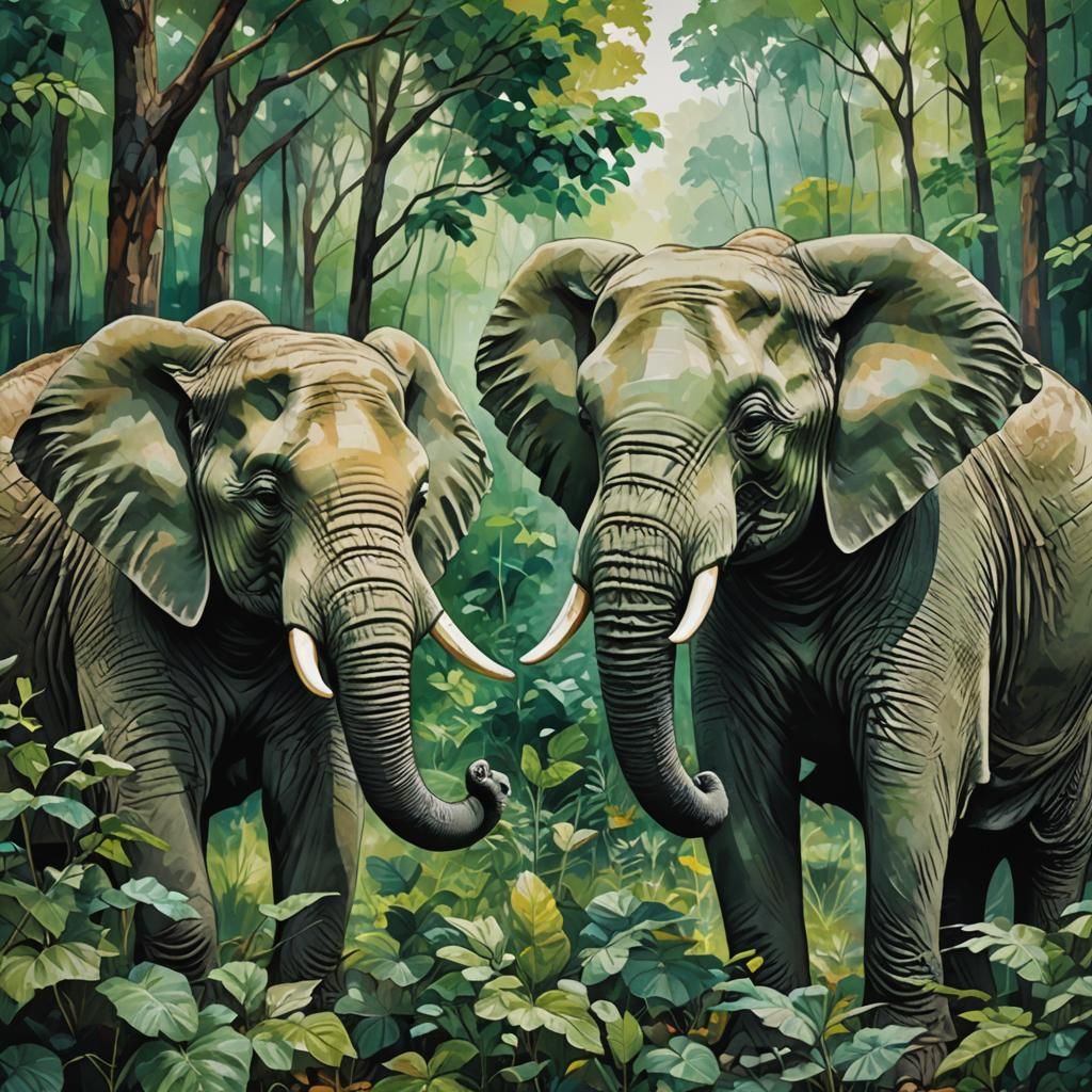 Elephants in Forest: Abstract Art with Emerald Leaves