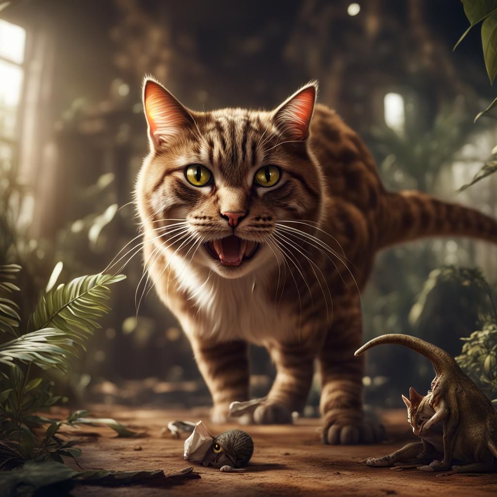 Cat-Dinosaur Hybrid in Detailed Fantasy Concept Art