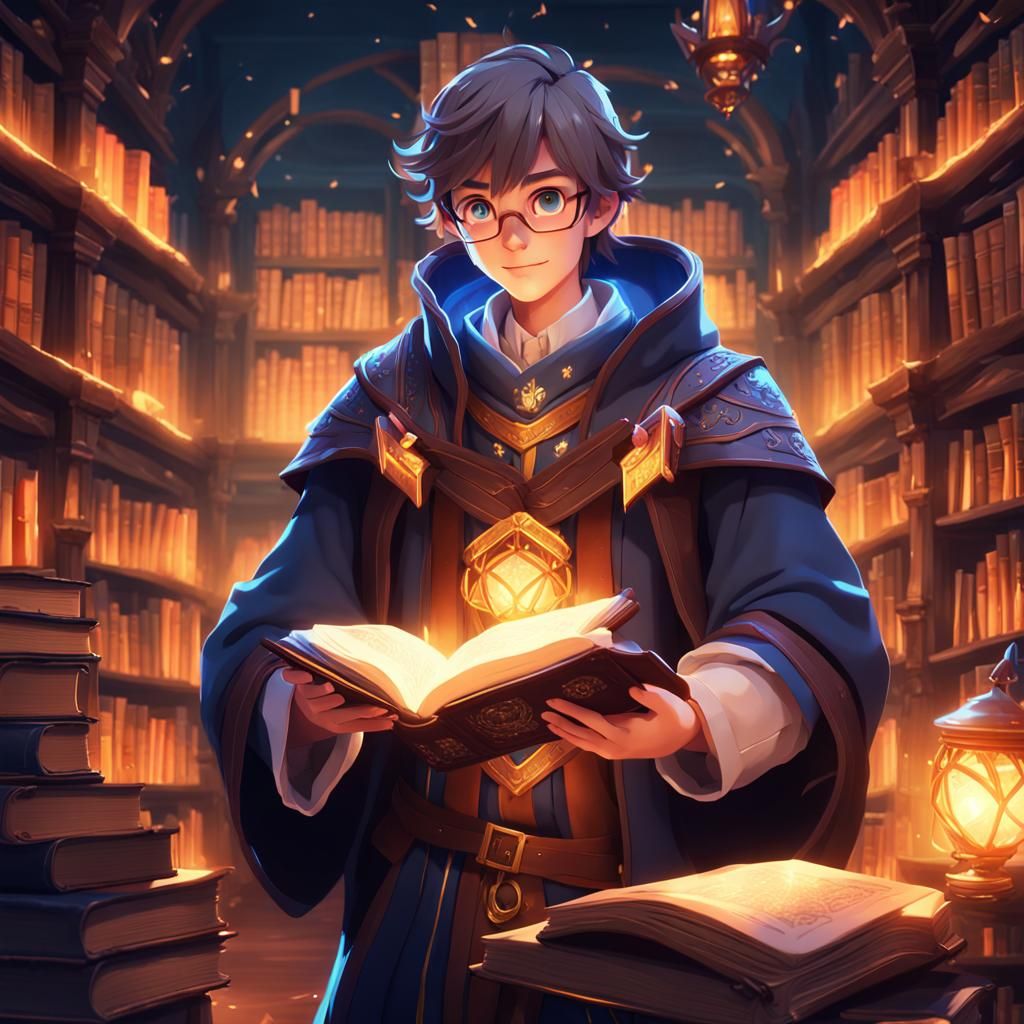 Young Wizard with Glowing Book in 3D Anime Style
