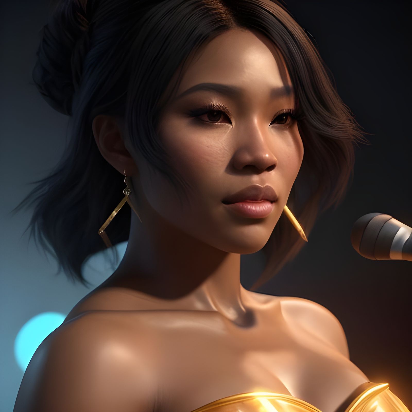"8k  image of a beautiful neo soul blasian female singer, who is in her early 20's with flawless skin, wearing a summer ...
