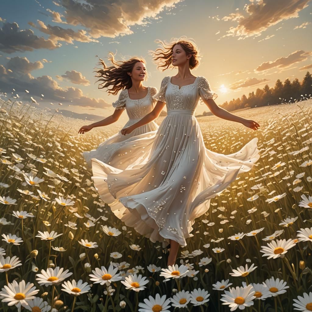Girl Soaring from Daisy Field: Matte Painting