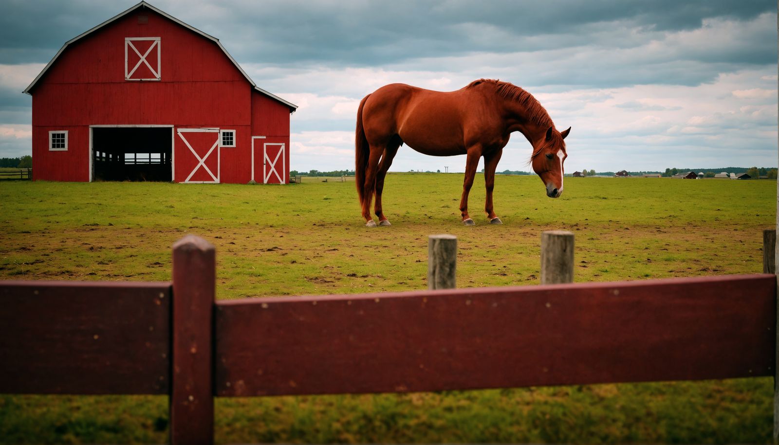 Red Pony and Barn in Hyperrealistic Style