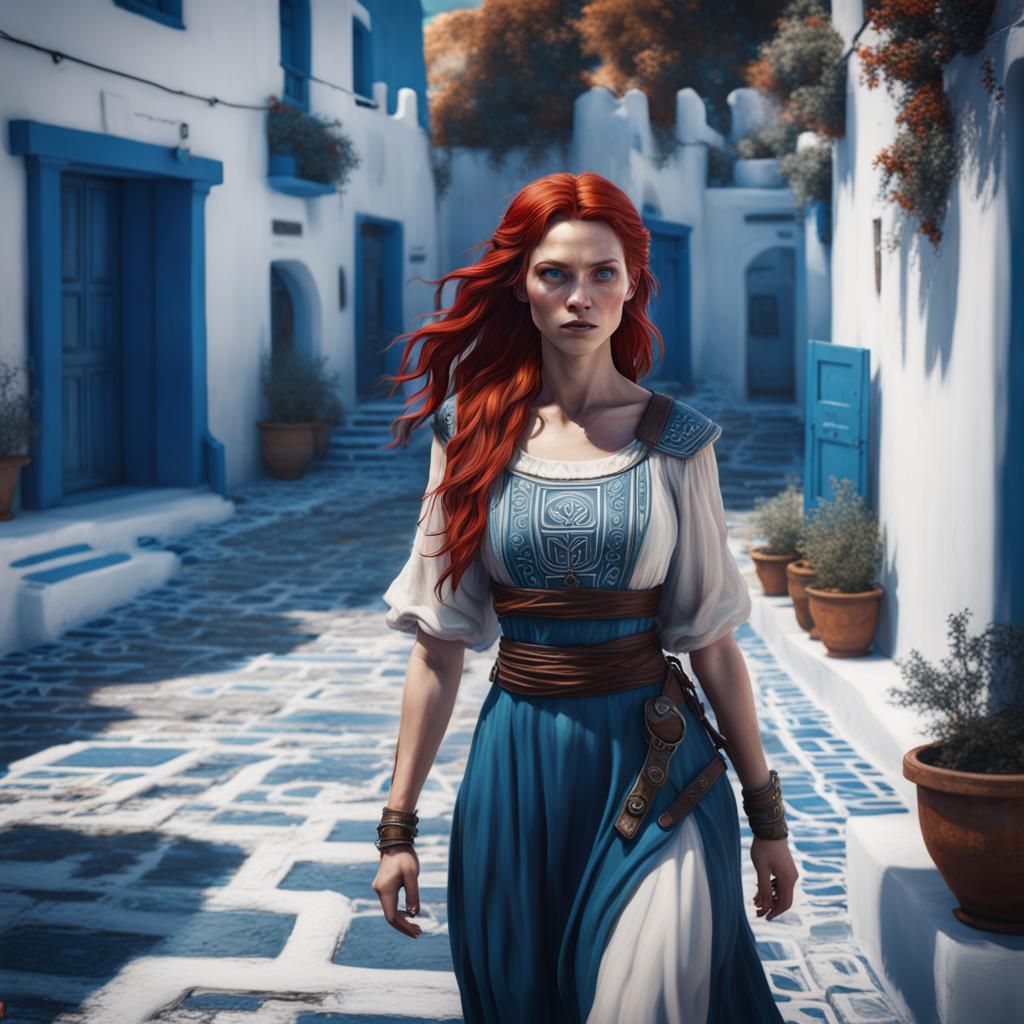 Dystopian Girl in Blue and White Greek Village