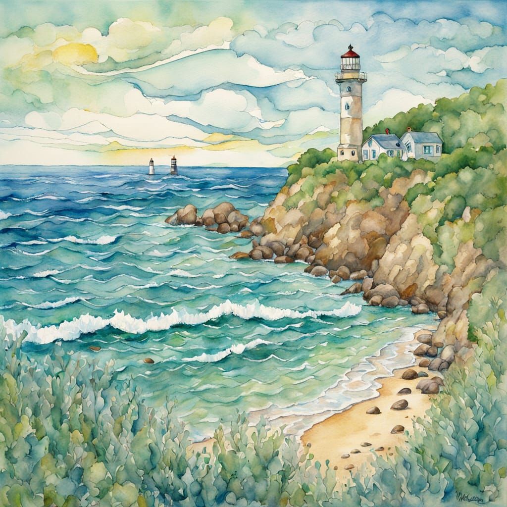Impressionist Beach Scene with Lighthouse in Gouache Style