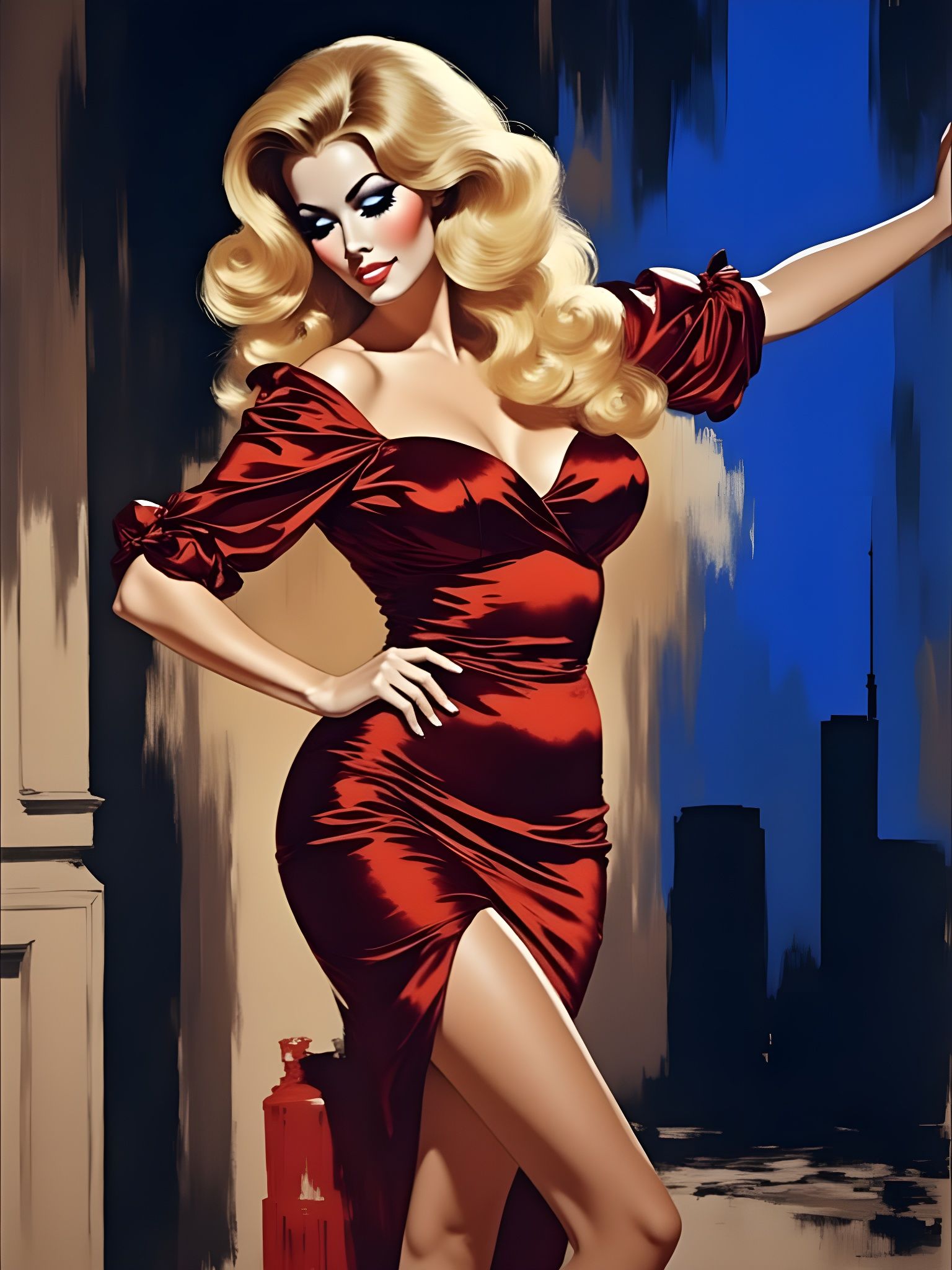 Glamorous Blonde in Red Satin: Pin-Up Portrait