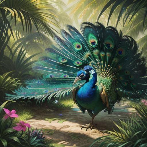 Peacock Displays Feathers in Vibrant Oil Painting