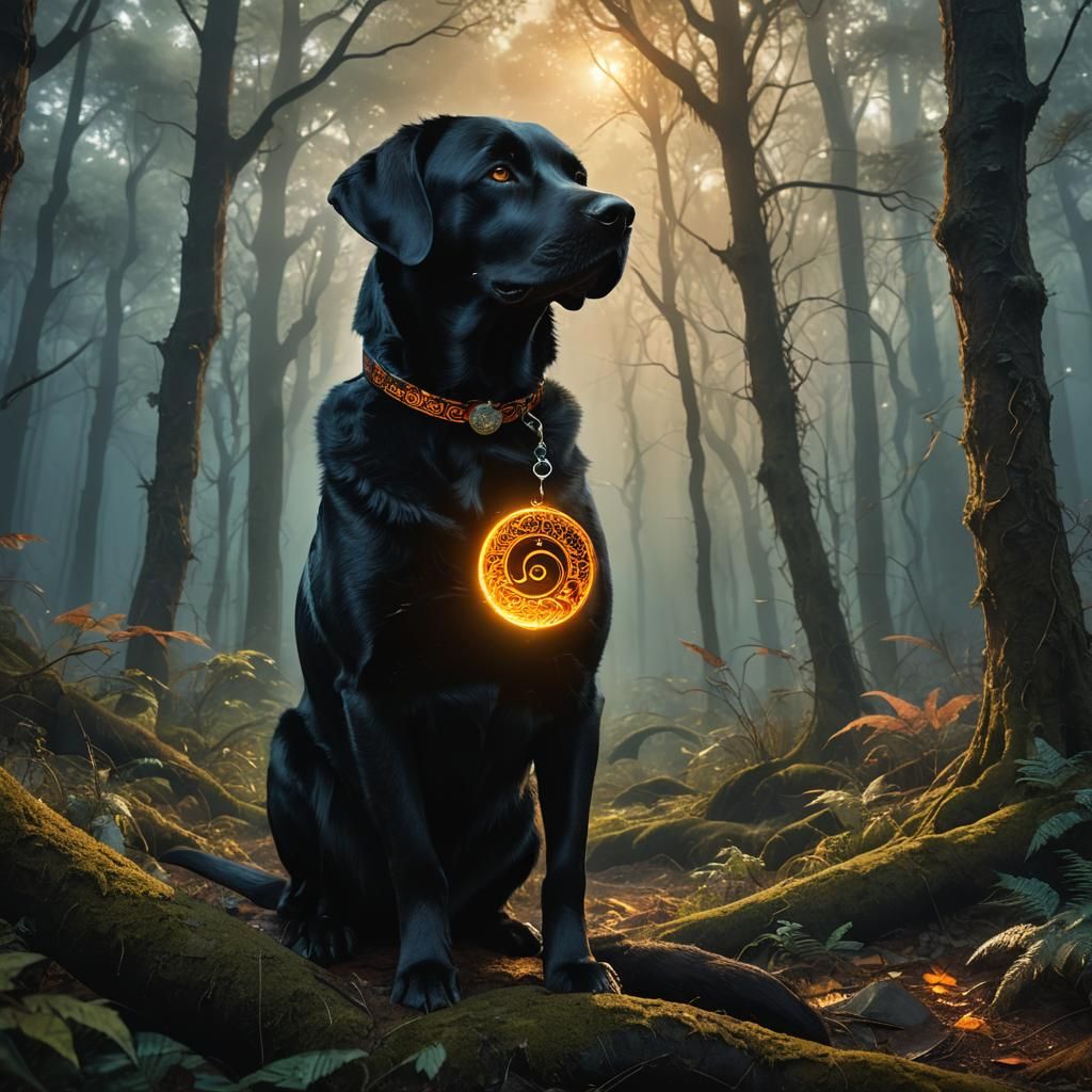 Mystical Black Lab in Dark Fantasy Forest