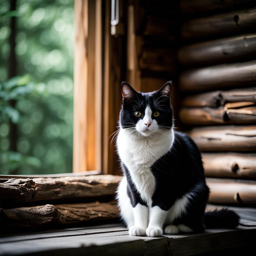 Black and White Cat Gazing into Forest