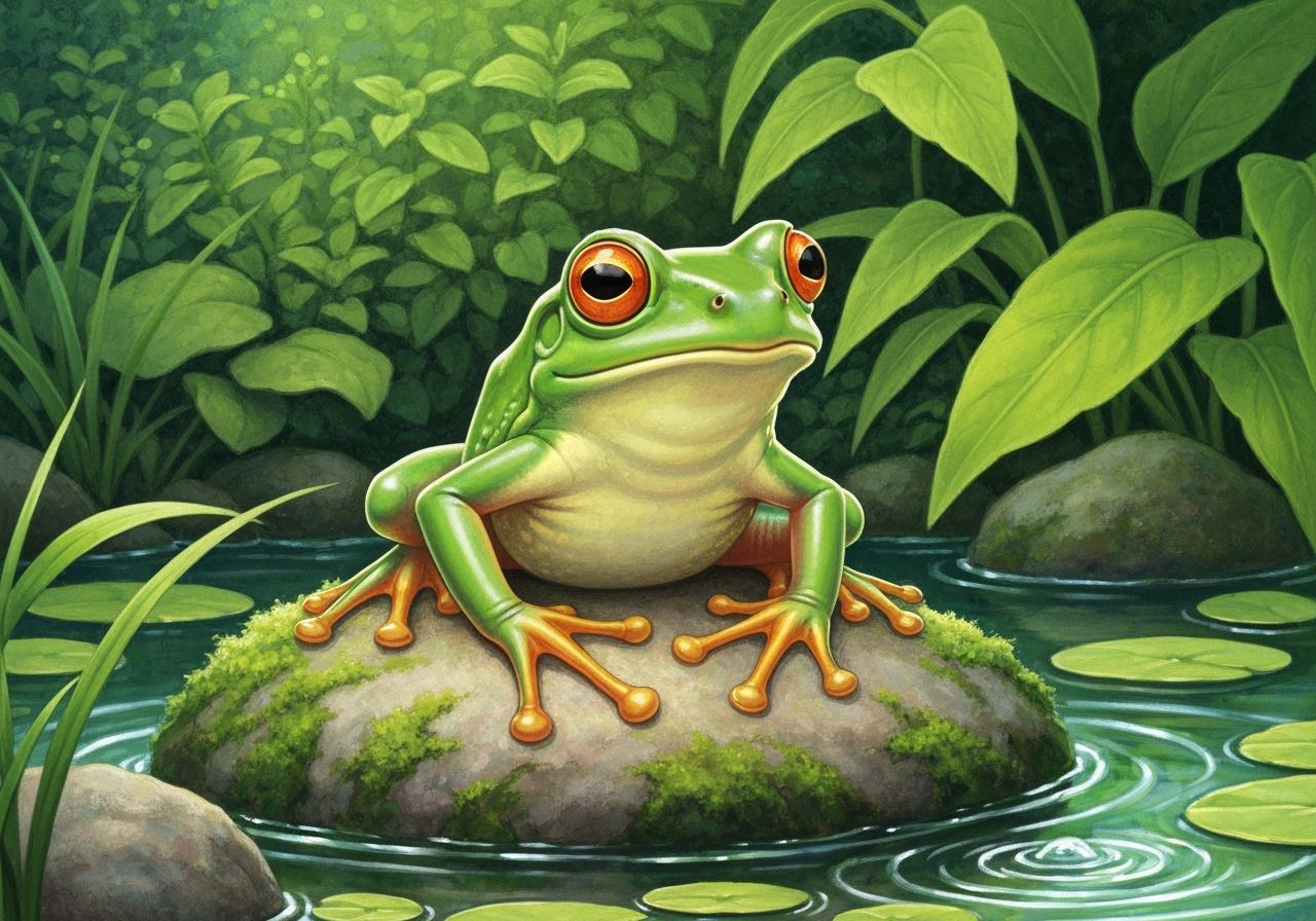 Vibrant Green Frog Perched on Mossy Rock in Tranquil Pond