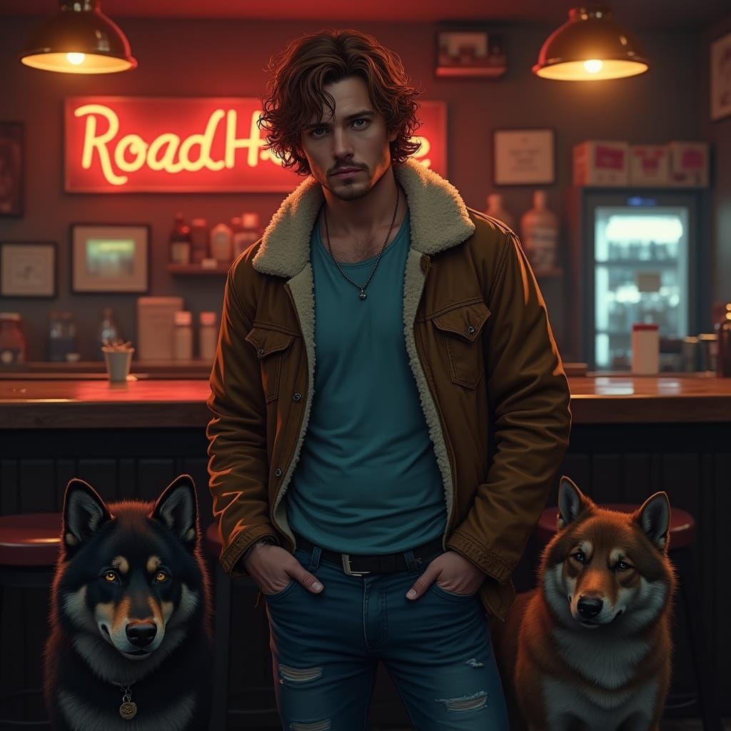 Brennen in Roadhouse Bar with Dogs, Gritty Realism