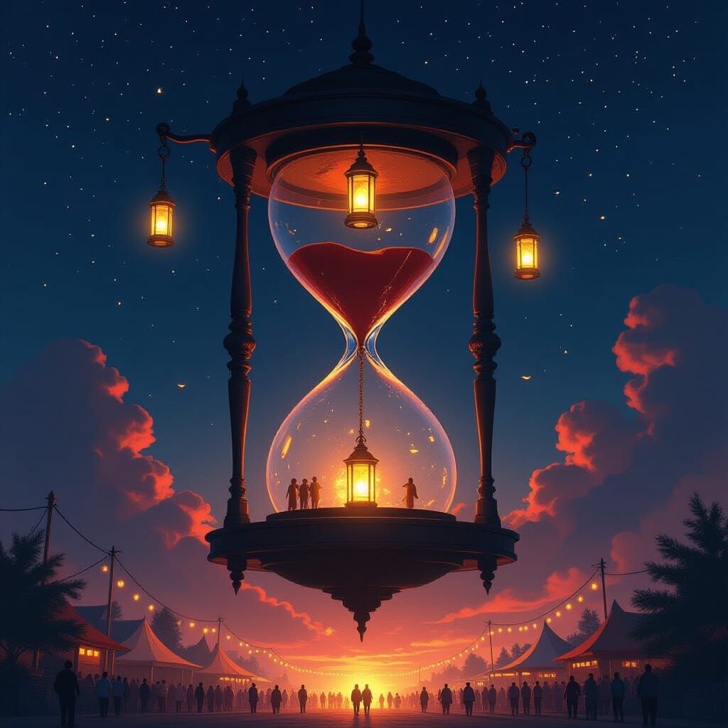 Hourglass Lanterns in Night Sky, Dreamlike Surrealism