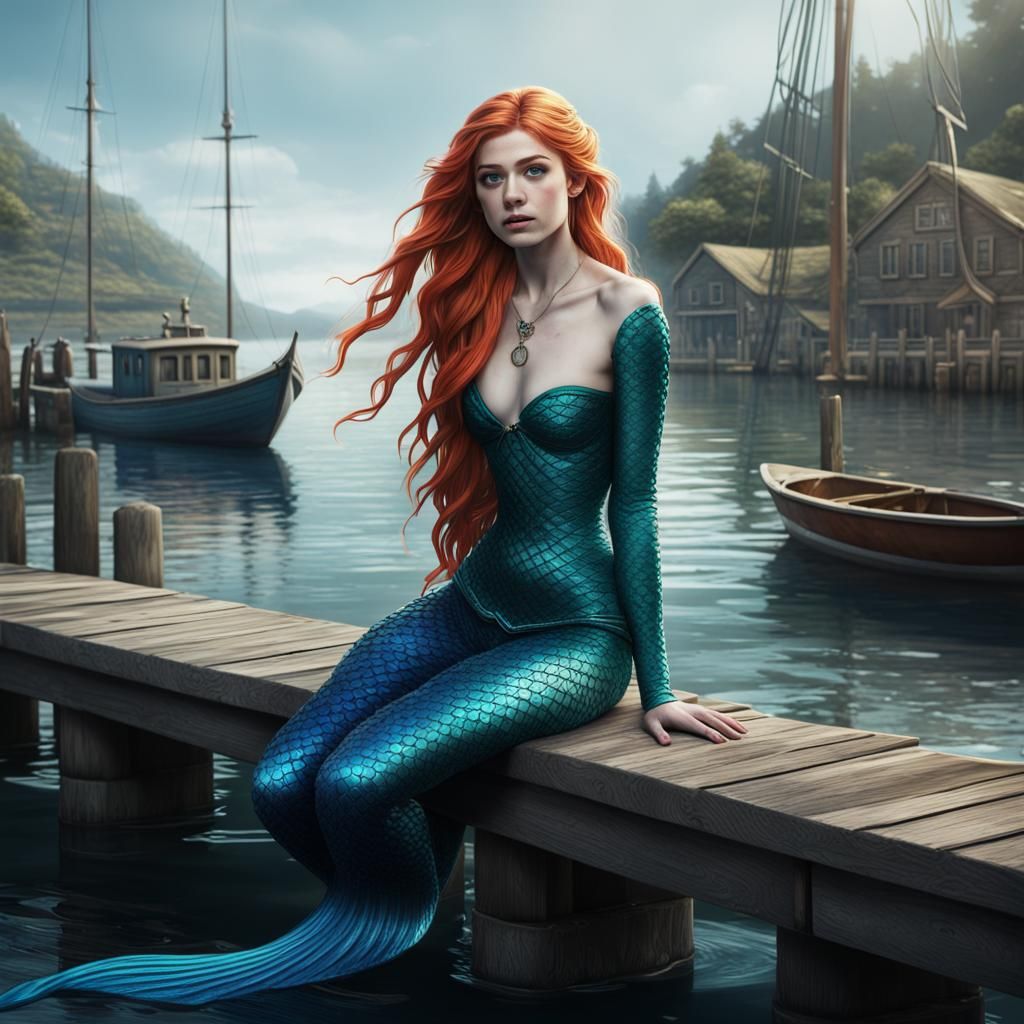 Katherine McNamara as a mermaid, on the dock at the marina, Long braided hair