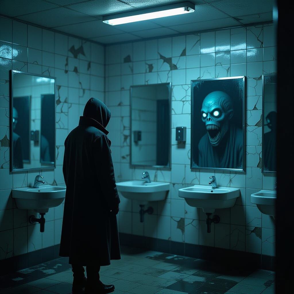 Eerie Restroom Cryptid in Dark Horror Style