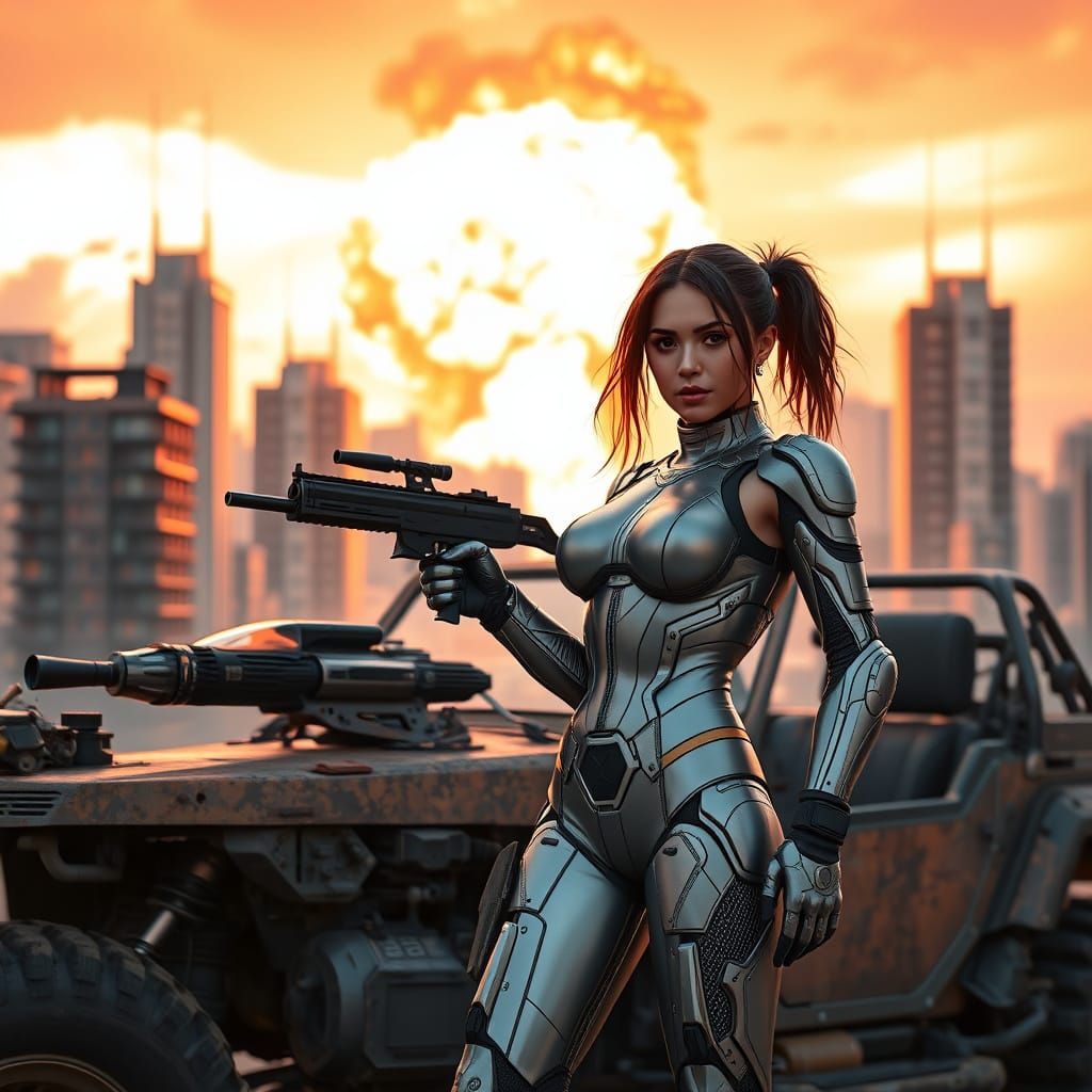 Cyborg Girl Stands Tall Amidst Post-Apocalyptic Ruins in Cyb...
