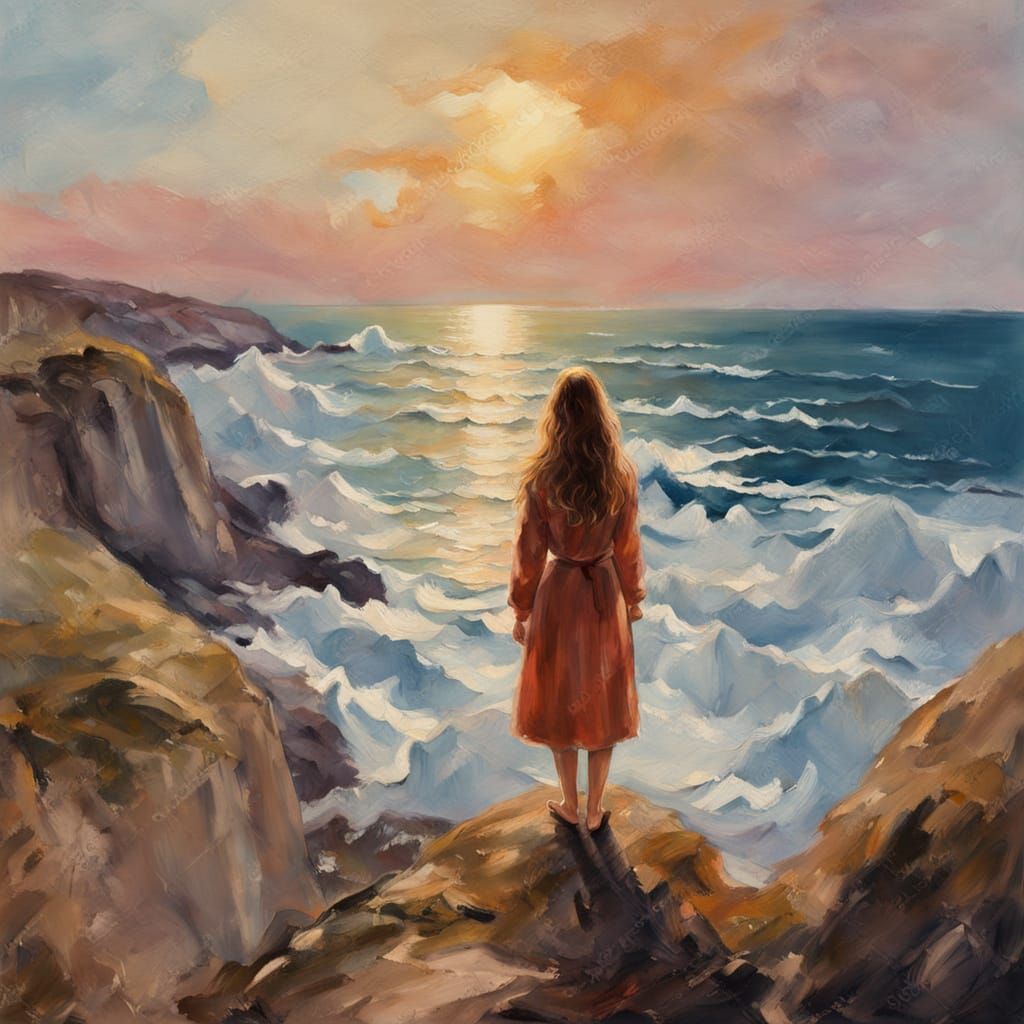 Lone Girl on Cliff Overlooking Sea at Dusk in Gouache Style