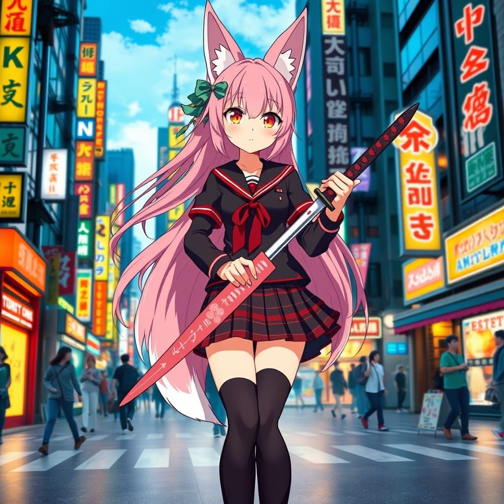 Anime Fox Girl in Tokyo Street, Studio Trigger Style