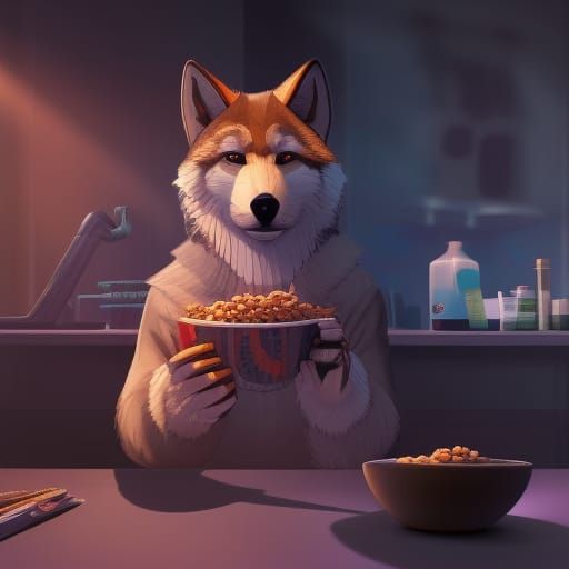 Cyberpunk Wolf Enjoying Cereal in Laboratory