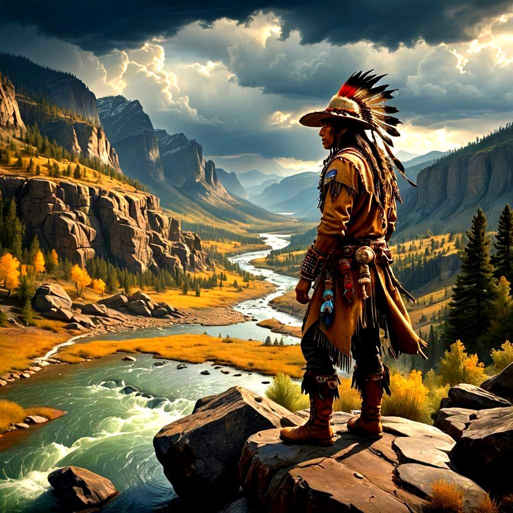 Blackfoot Warrior in the Rocky Mountains Storm