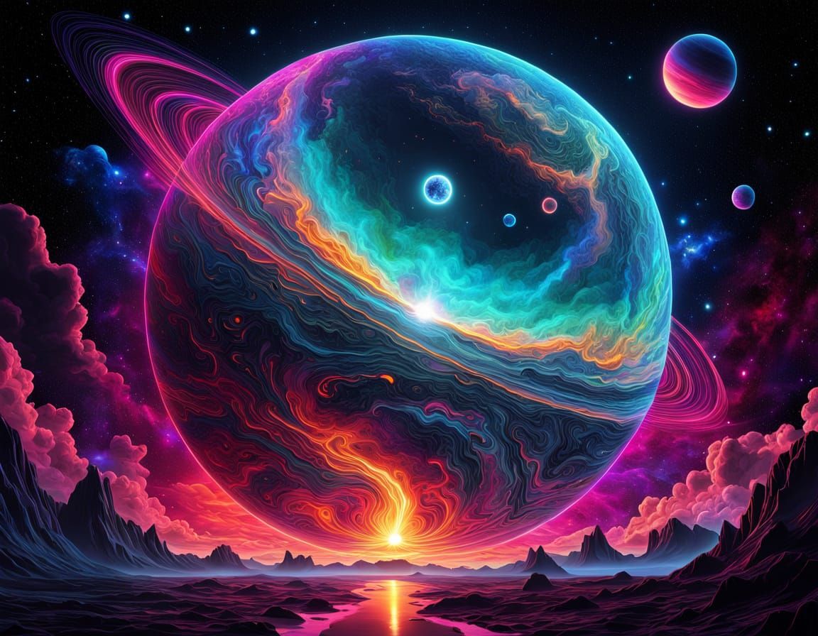 Neon Planet in Cosmic Universe, Holographic Illustration