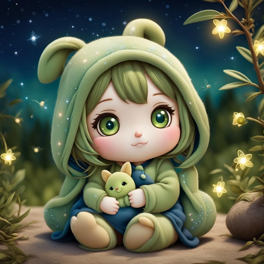 Charming Chibi Olive with Fireflies at Night