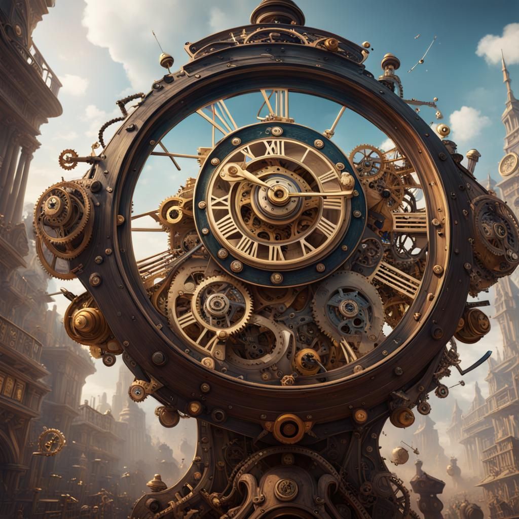 Gigantic, intricately detailed clockwork mechanisms racing against each other in a clock-themed derby