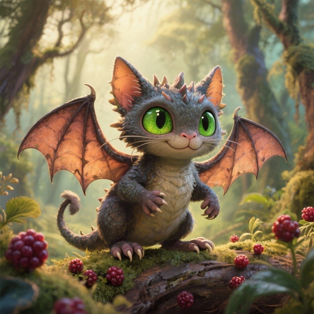 Whimsical Dragon-Cat Creature in New Zealand Forest