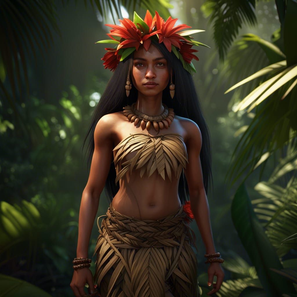 Polynesian Girl Collecting Flowers in Jungle, 3D Render